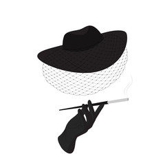 An unknown lady in a hat with a veil holds a mouthpiece with a cigarette in her hand.