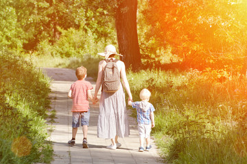 Fototapeta premium Mom and sons walking along the road in the park. Back view. Sunny day