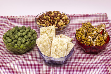 Several typical Brazilian sweets from Junina. Peanut butter, coconut and roasted peanuts.
