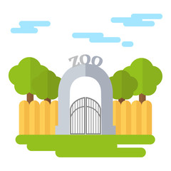 Picture of a zoo with a stone arch in a wrought-iron gate. On the right and left of the arch there is a fence behind which trees grow. Flat design