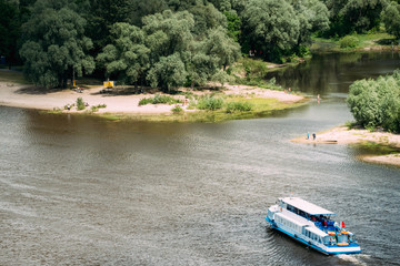 Gomel, Belarus. Top Aerial View Of Sozh River, Floating Tourist Boat