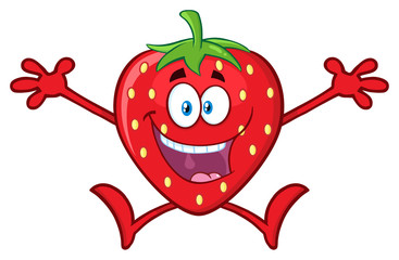 Happy Strawberry Fruit Cartoon Mascot Character With Open Arms Jumping. Illustration Isolated On White Background