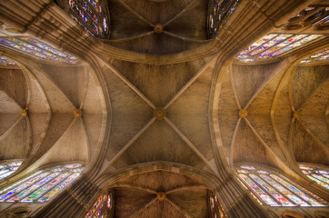 Leon, Spain- August 22, 2014: Interior of famous Leon gothic cathedral with light mood atmosphere on August 22, 2014 in Leon, Spain.