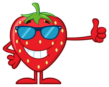 Smiling Strawberry Fruit Cartoon Mascot Character With Sunglasses Giving A Thumb Up. Illustration Isolated On White Background