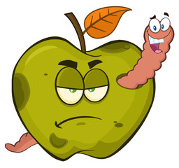 Happy Worm In A Grumpy Rotten Green Apple Fruit Cartoon Mascot Characters. Illustration Isolated On White Background