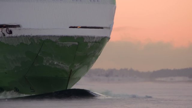 Ferrys prow in the sunset at winter
