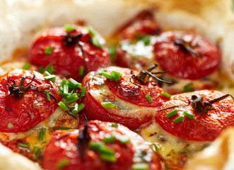 Oven baked tomatoes stuffed with spinach, cheese and herbs, close up. Delicious and nutritious...