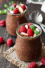 Chocolate pudding with chia seeds and raspberries