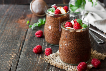 Chocolate pudding with chia seeds and raspberries