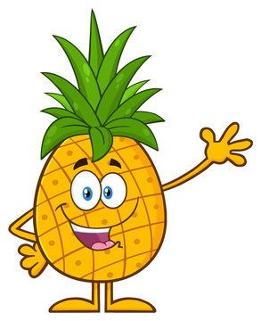 Pineapple Fruit With Green Leafs Cartoon Mascot Character Waving For Greeting. Illustration Isolated On White Background