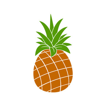 Pineapple Fruit With Green Leafs Silhouette Simple Flat Design. Illustration Isolated On White Background