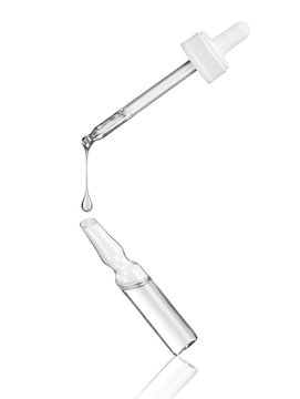 Medical ampoule with cosmetic pipette, isolated on white background.