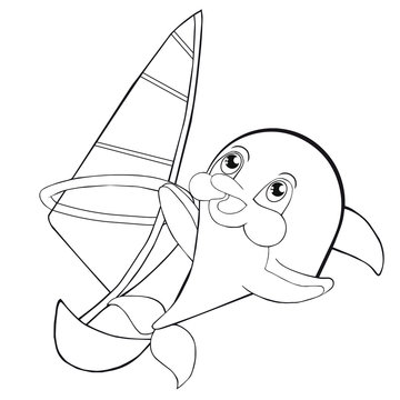 Coloring book  windsurfing with dolphin.  Cartoon style. Clip art for children.