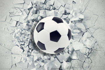 Sport illustration with soccer ball coming in cracked wall. Cracked concrete earth abstract background. 3d rendering - obrazy, fototapety, plakaty