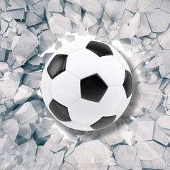 Sport illustration with soccer ball coming in cracked wall. Cracked concrete earth abstract background. 3d rendering
