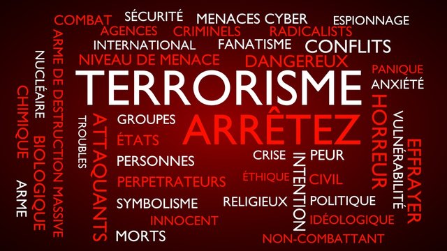 Terrorism, stop word tag cloud. 3D rendering, red French variant.