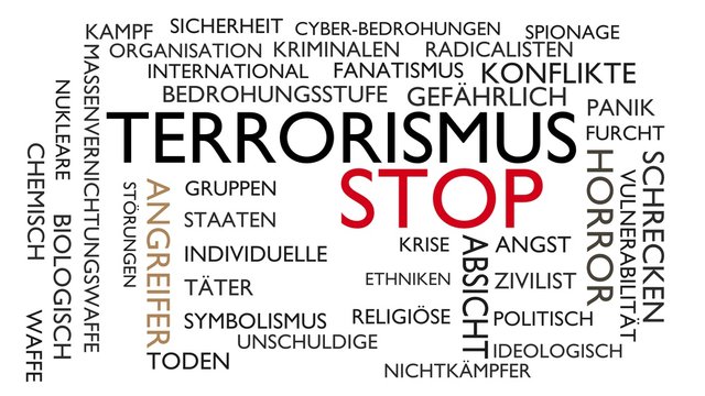 Terrorism, stop word tag cloud. 3D rendering, white German variant.