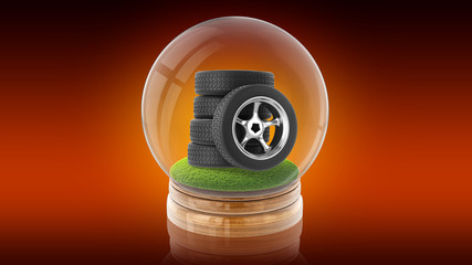 Transparent sphere ball with tires of car inside. 3D rendering. © Roman King