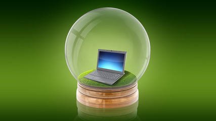 Transparent sphere ball with a laptop inside. 3D rendering.