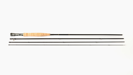 A fly fishing rod on a white background.