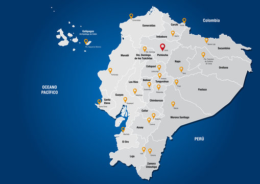 Political map of the Republic of Ecuador with the names of the provinces and their capitals on blue background - Vector image
