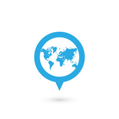 Blue map pointer with world map silhouette icon. Vector illustration with dropped shadow.