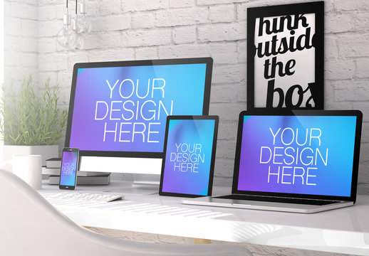 4 Devices on White Table with Motivational Poster Mockup 1