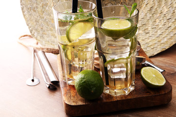 Lemon Fruit Lime Caipirinha of Brazil on wooden board