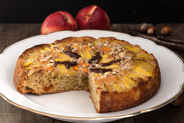 spelt cake with peach and hazelnut grain
