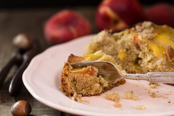 spelt cake with peach and hazelnut grain