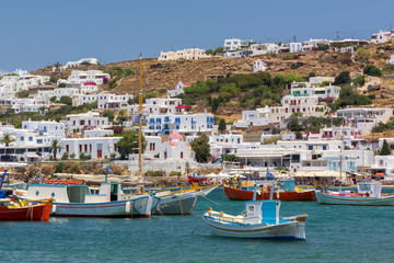 Fototapeta na wymiar View of Mykonos town harbor, a Greek island on the Aegean sea
