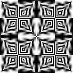 Abstract vector seamless op art pattern. Monochrome moire ornament.