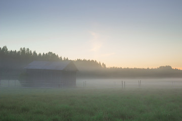 Obraz na płótnie Canvas A shed on a field in the fog
