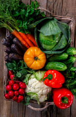 Big Basket with different Fresh Farm Vegetables. Harvest. Food or Healthy diet...