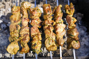 Meatball shish kebab in small pieces on skewers