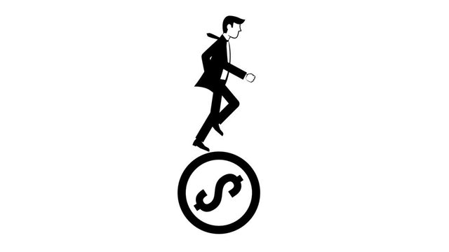 Conceptual looped animation financial theme. Businessman runs along the rotating symbol of dollar. Alpha channel is included.