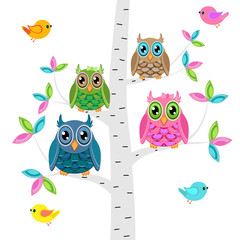 Vector set of a colorful owls and birds at the tree