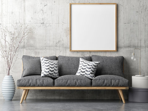 Poster with retro sofa, minimalism interior concept, 3d illustration