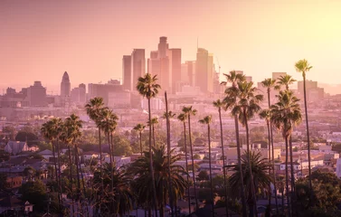 Photo sur Plexiglas Lieux américains Beau coucher de soleil sur les toits du centre-ville de Los Angeles et palmiers en premier plan