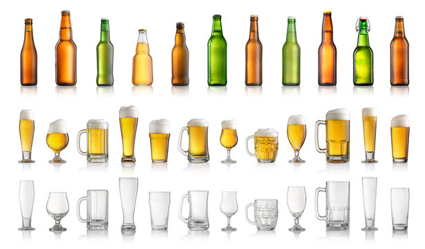 Collection of different beer bottles and glasses isolated on white background
