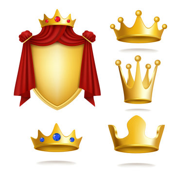 Set of vector icons of royal golden crowns and coat of arms isolated on white. Vector image