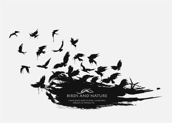 Brushstroke texture grunge with birds flying - obrazy, fototapety, plakaty