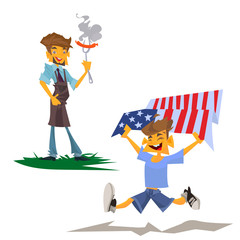 Happy smiling man character barbecuing. Vector flat cartoon illustration Cute little happy boy enjoying and celebrating on occasion of 4th of July