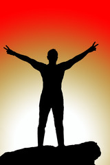 Fototapeta na wymiar open his arms, silhouette men silhouette at sunset - Stock Image