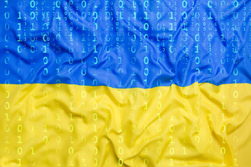 Binary code with Ukraine flag, data protection concept