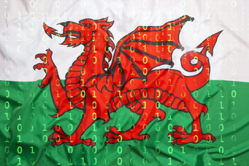 Binary code with Wales flag, data protection concept
