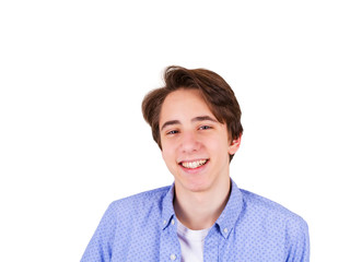 Smiling teenager in blue shirt, isolated on white background. Young man portrait
