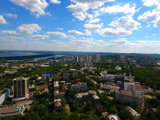 Aerial view. Houses and river in the city Dnepr, Ukraine.