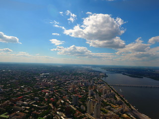 Aerial view. Houses and river in the city Dnepr, Ukraine.