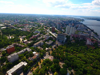 Aerial view. Houses and river in the city Dnepr, Ukraine.